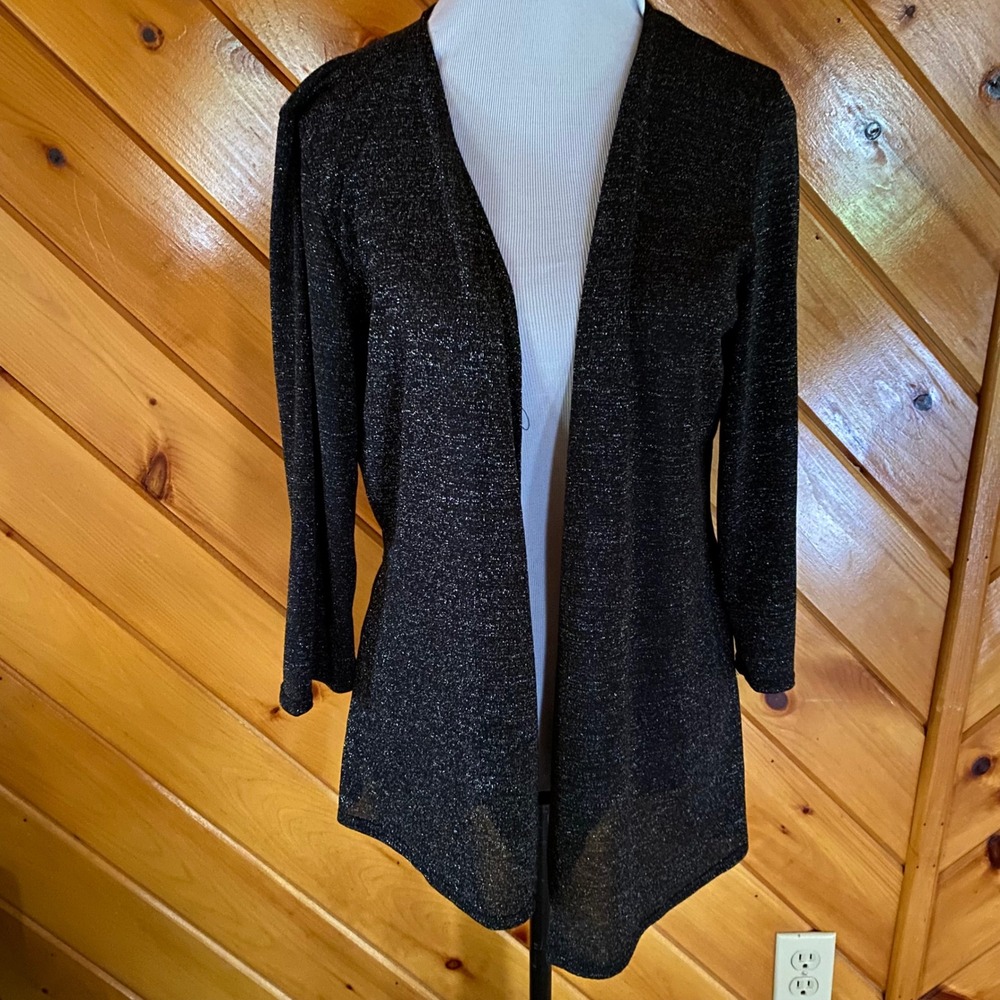 Ashley Blue NWT Gray Charcoal Silver Metallic Shimmer Open Front Cardigan L USA